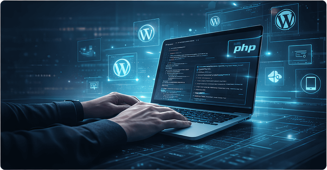 Laptop z kodem i interfejsami WordPress w nowoczesnym środowisku pracy